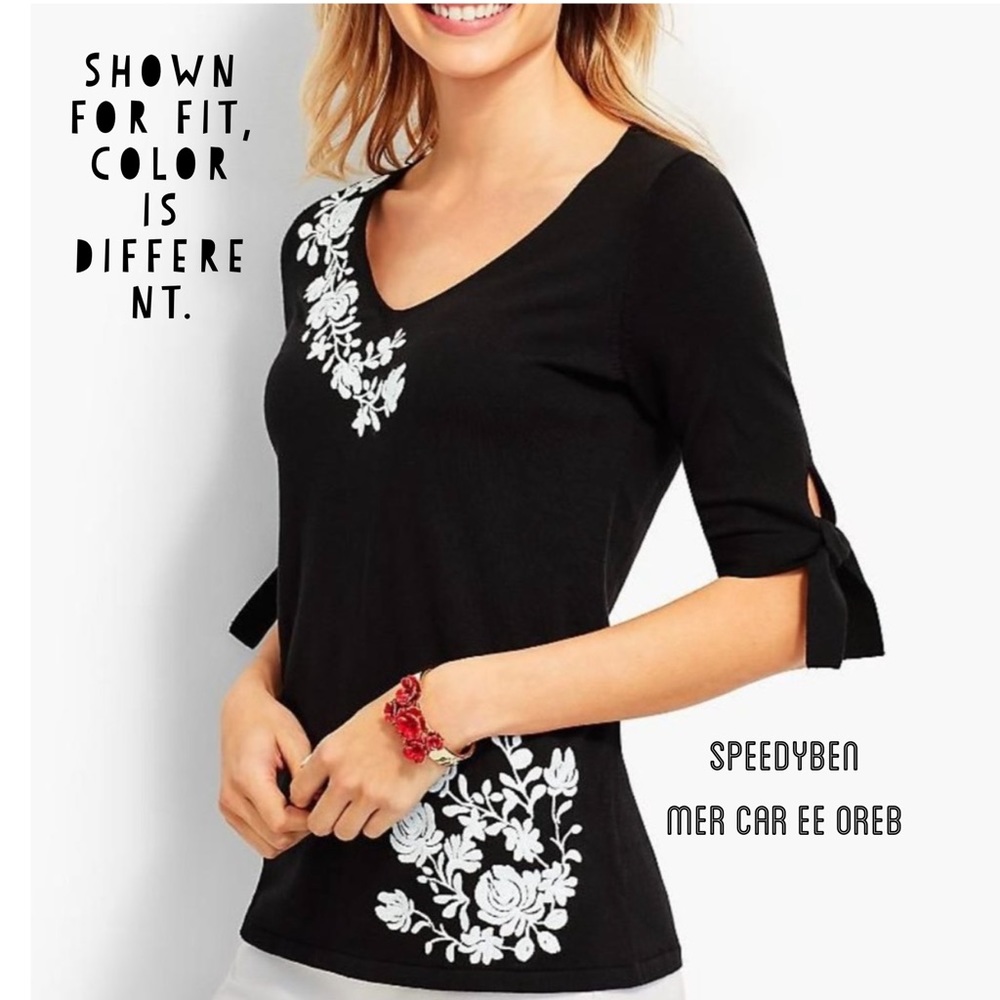 3/$20 Talbots Embroidered Tie-Sleeve V-Neck Sweater MP - Picture 9 of 10